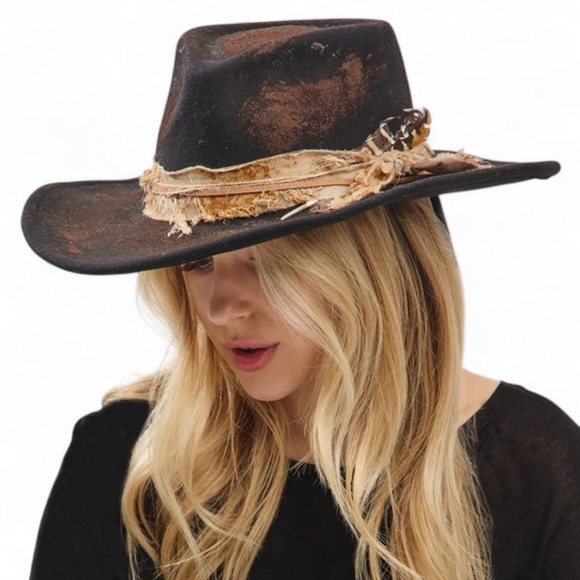 Black & Brown Vintage Inspired Distressed Fabric Band Rustic Western Fedora Hat main image 4